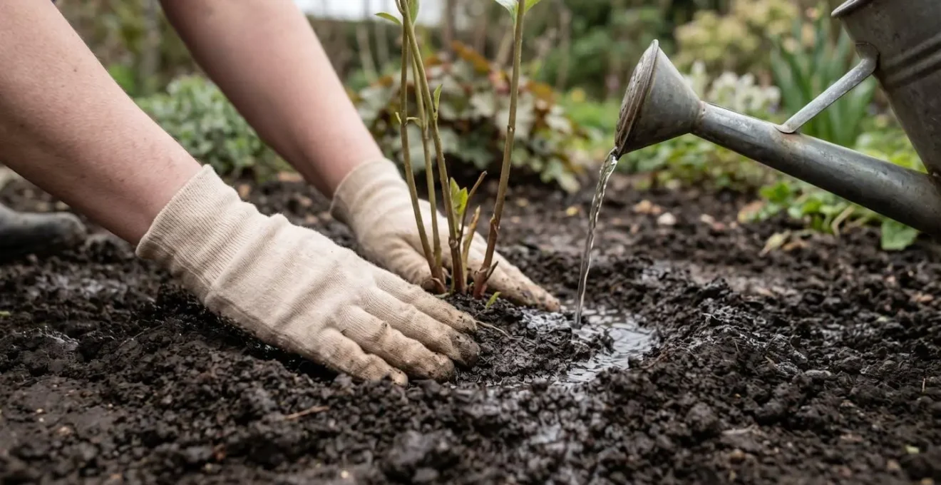 Ground-level view of water soaking deeply into soil around newly planted perennial base showing moat technique