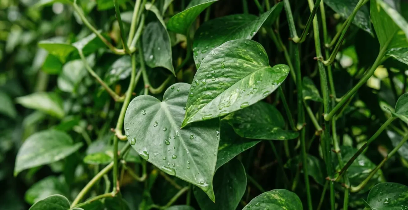 Dense vertical plant arrangement creating a biophilic green wall in a minimal maintenance setup, with overlapping pothos and philodendron leaves.
