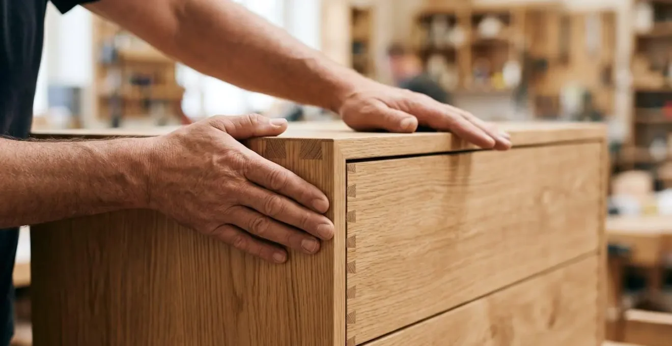 Hands gently testing drawer joint integrity using subtle pressure technique in furniture showroom