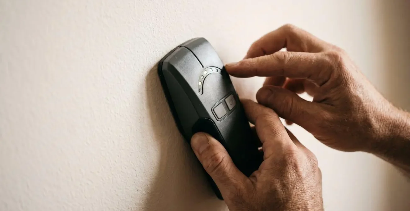 Close-up of hands using electronic stud finder against interior wall to detect hidden electrical wires before drilling