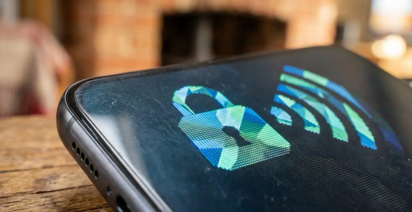 Extreme close-up of smartphone displaying encrypted connection indicators and privacy settings