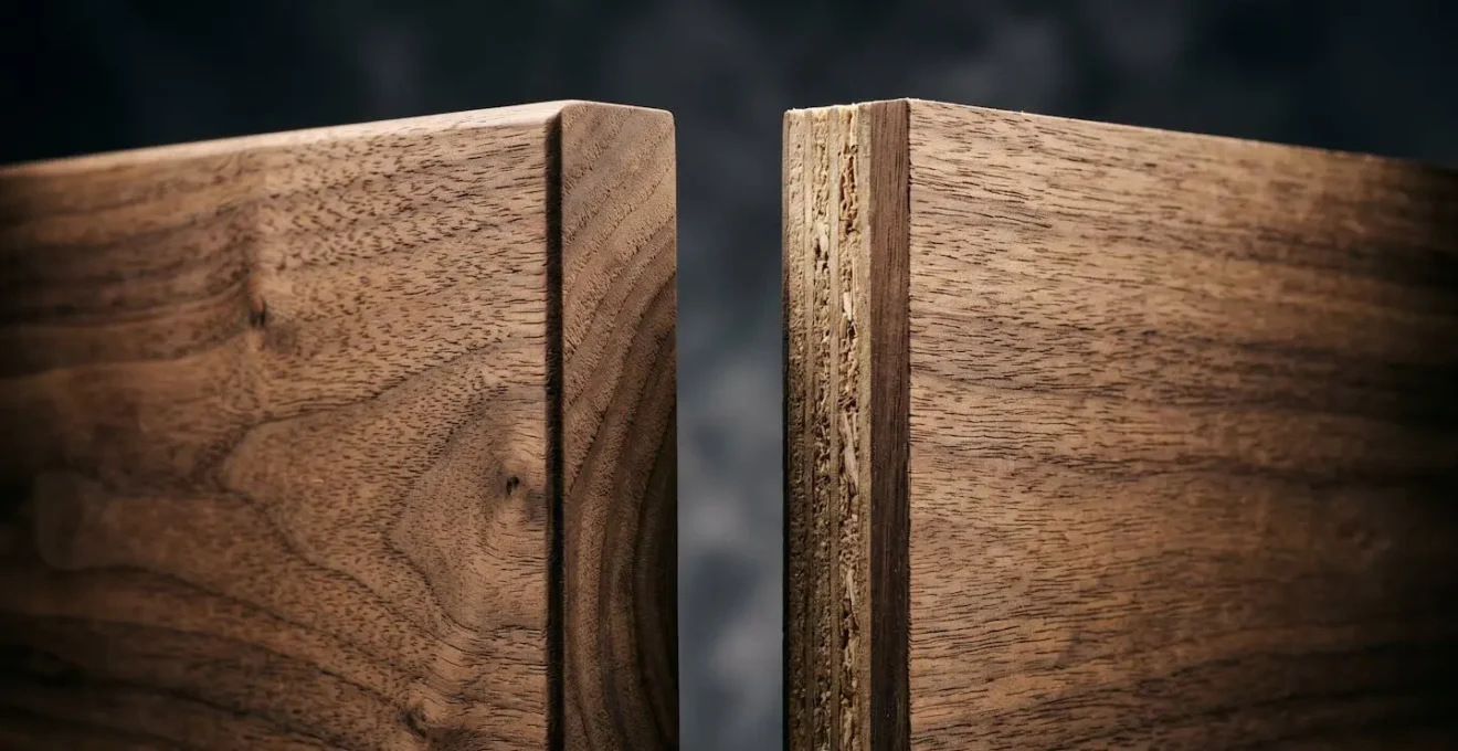 Edge detail of furniture showing grain pattern continuation revealing solid wood versus veneered construction