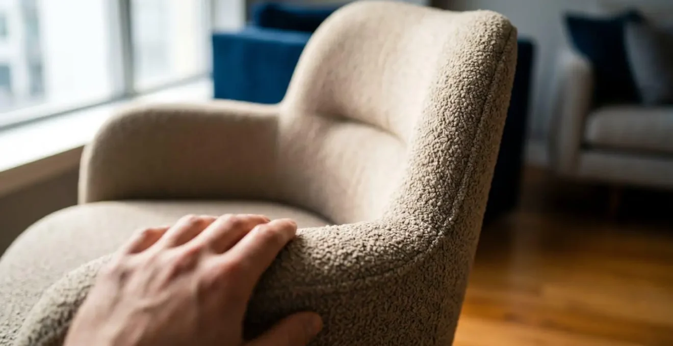 Macro detail of a sculptural statement chair showing ergonomic curves, seat pitch angle, and tactile upholstery texture that ensures long-term comfort
