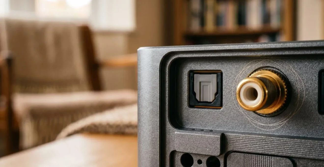 Compact external DAC device with minimalist design integrated into modern UK home audio setup