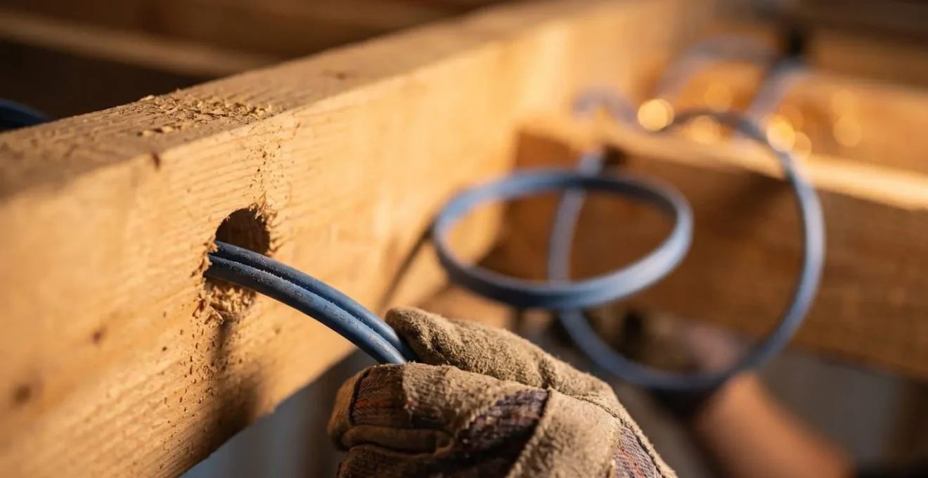 Close-up detail of speaker cables being threaded through ceiling joists during construction first-fix phase with visible building materials
