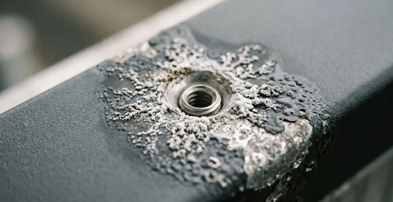 Close-up of corroded aluminium surface around metal fastener showing white oxidation and coating damage
