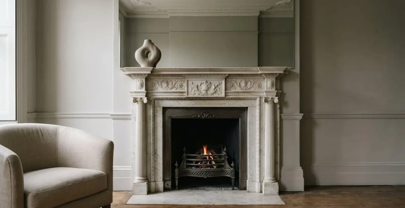 Georgian period interior showing fireplace mantel and cornicing with minimalist styling demonstrating visual hierarchy principles