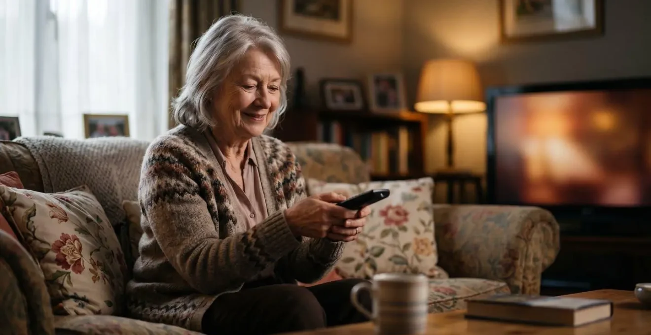 Elderly person comfortably using media server interface on UK smart TV with simple remote control