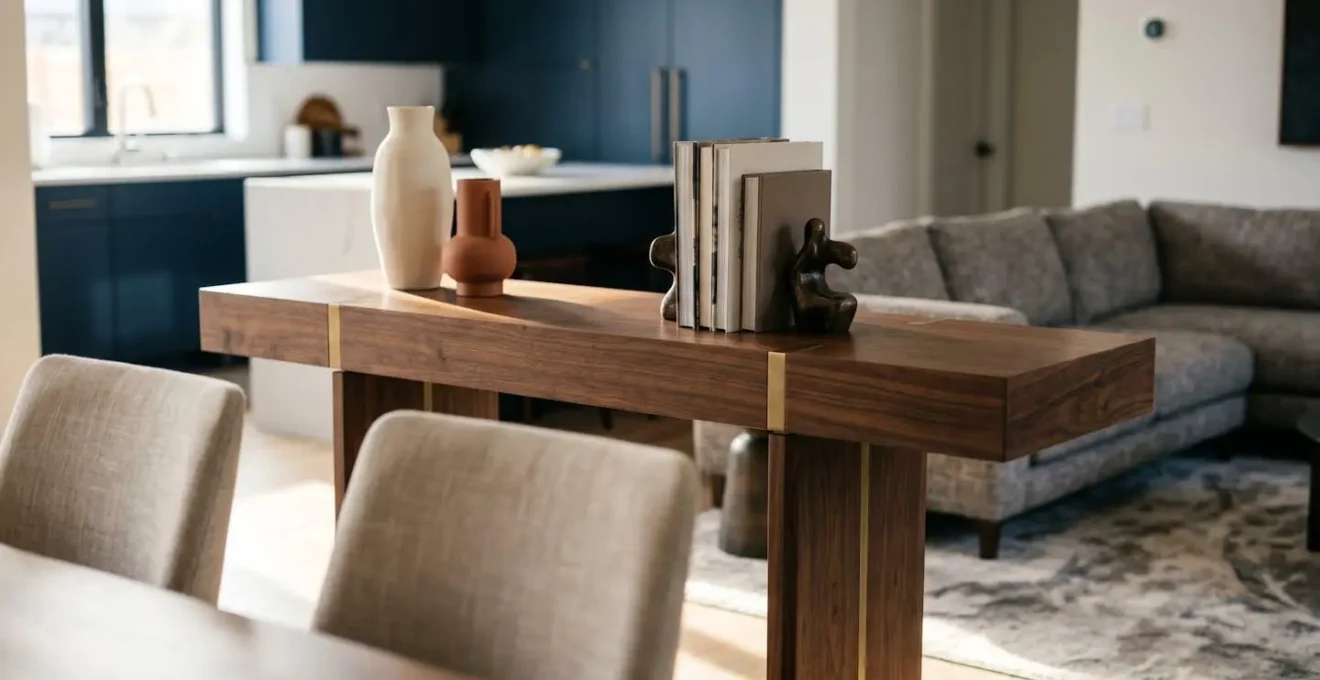 Oversized natural-fiber area rug and transitional sideboard anchoring an open-plan UK new-build living space creating visual zone definition