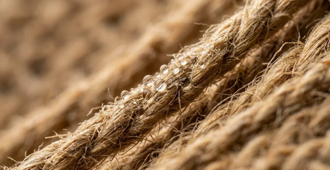 Extreme close-up of natural jute fibers showing moisture absorption and texture