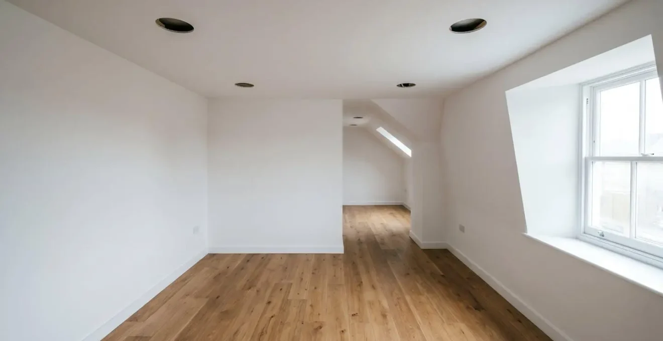 Aerial view of an empty L-shaped UK living room interior showing balanced spatial layout with natural light from dormer windows