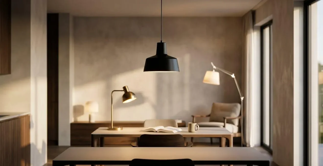 Multi-functional living room showing ambient pendant lights, focused desk task lighting and warm accent lamps creating distinct zones