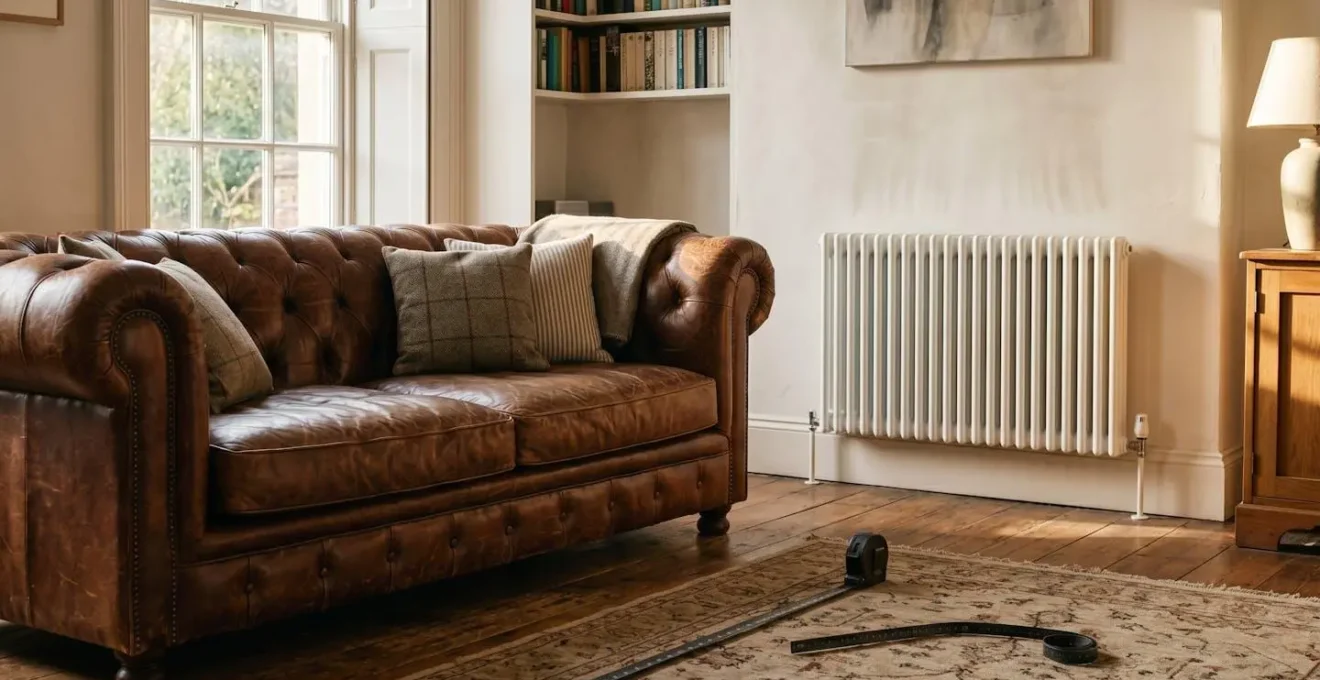 Dramatic side-lighting reveals leather sofa texture with radiator creating atmospheric warmth gradient in UK interior