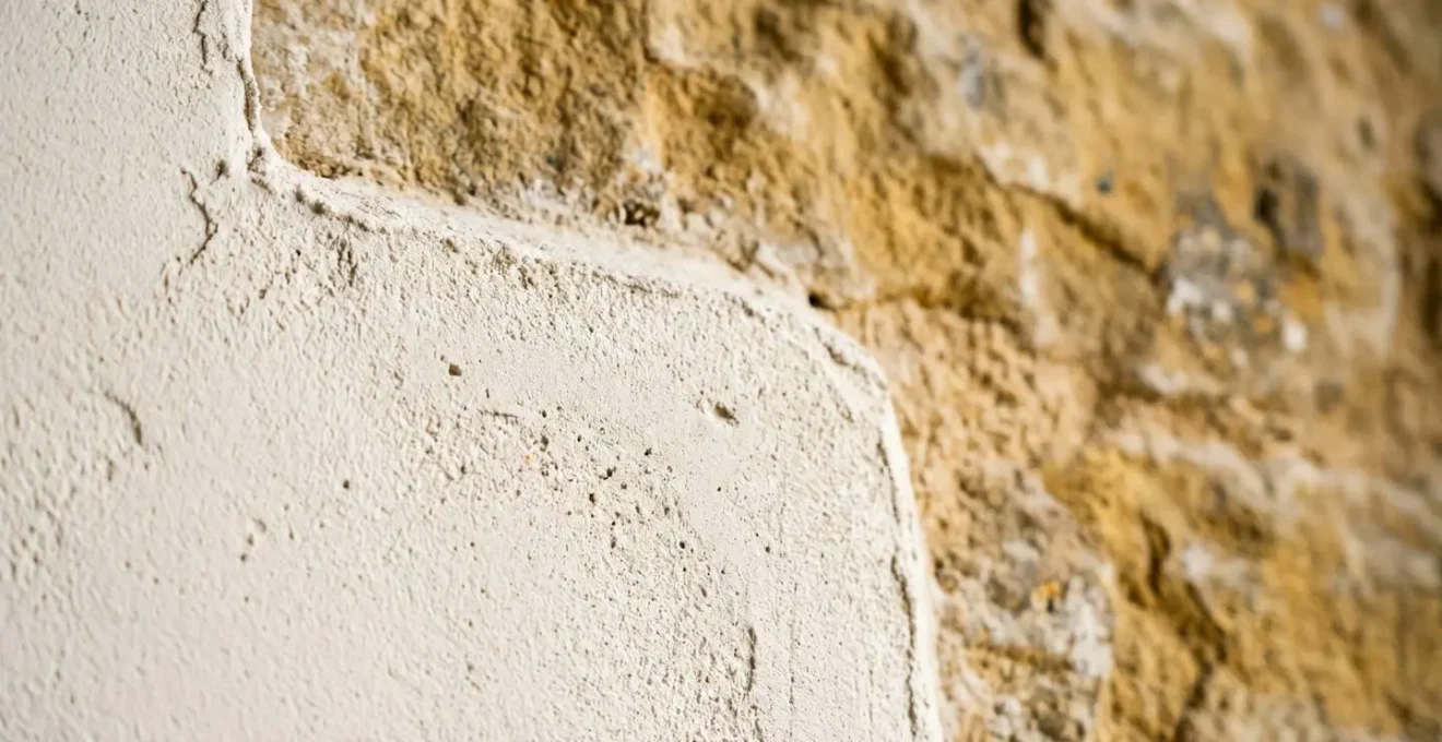 Macro detail of breathable lime plaster texture on aged stone cottage wall showing natural mineral finish and tactile surface quality