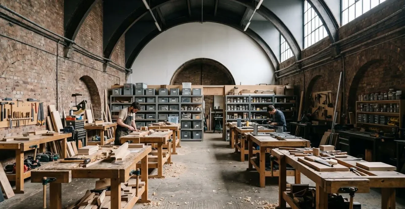 Wide-angle view of a collaborative maker space interior with workbenches, tools, and natural industrial lighting