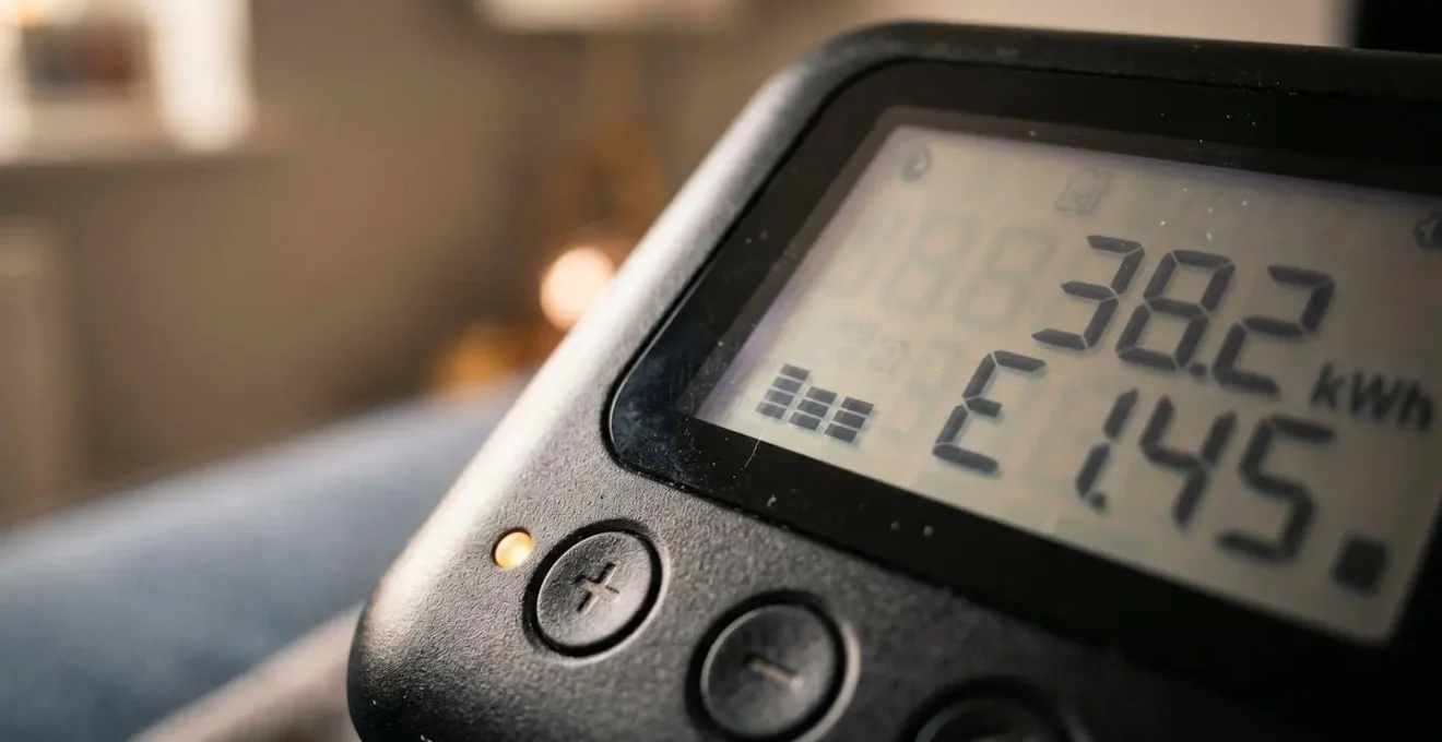 Extreme close-up macro detail of smart meter display showing real-time energy consumption data with tactile button controls
