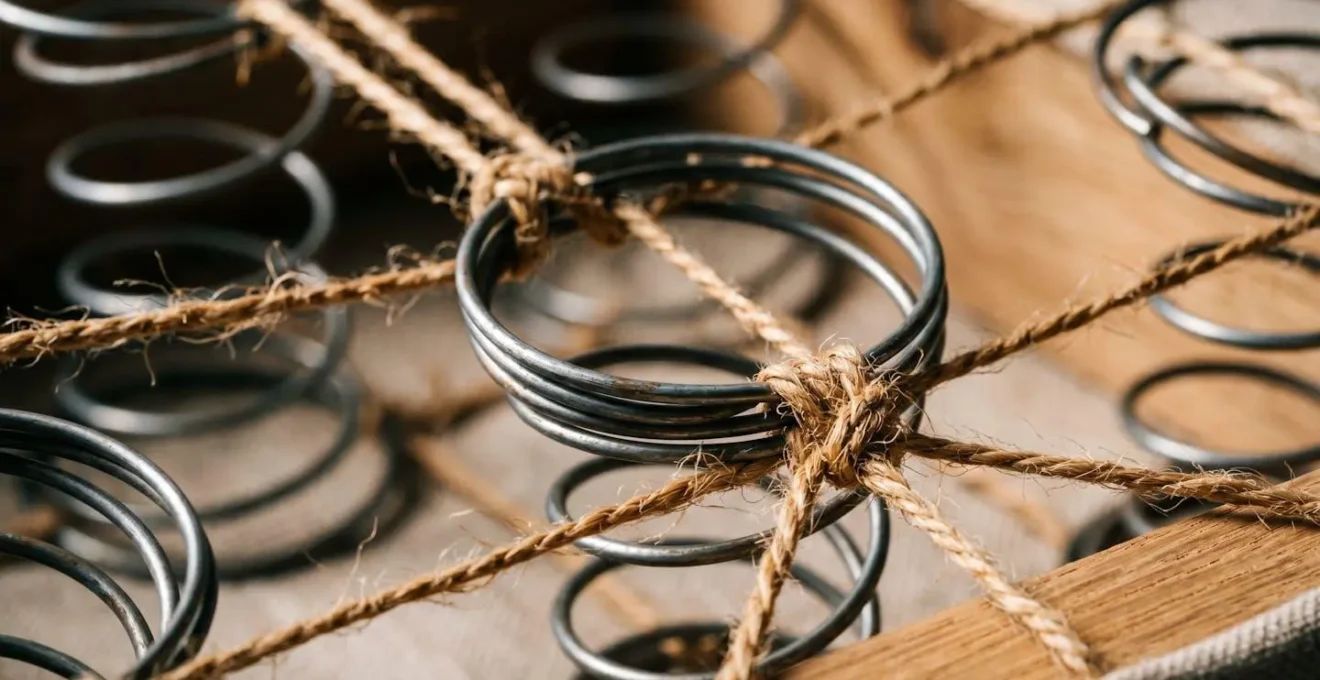 Extreme close-up of hand-tied spring construction showing craftsmanship detail and knot work