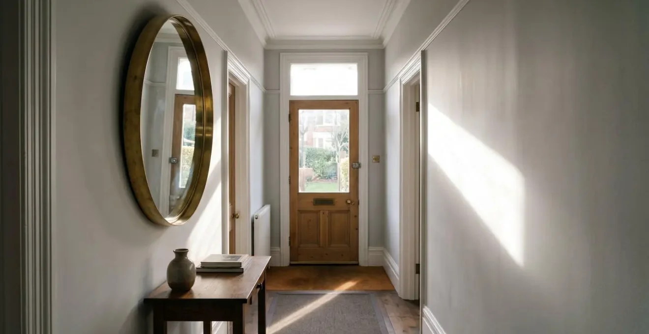 Wide-angle view of a UK hallway showing a brass mirror positioned at an angle on the wall, with visible light rays bouncing from a front door onto a pale wall, demonstrating the secondary bounce technique
