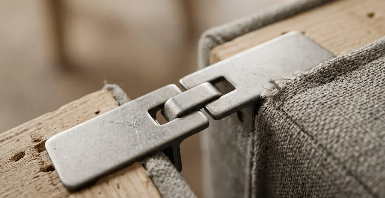 Close-up macro detail of modular sofa connector mechanism showing interlocking furniture brackets and pivot points for rapid reconfiguration