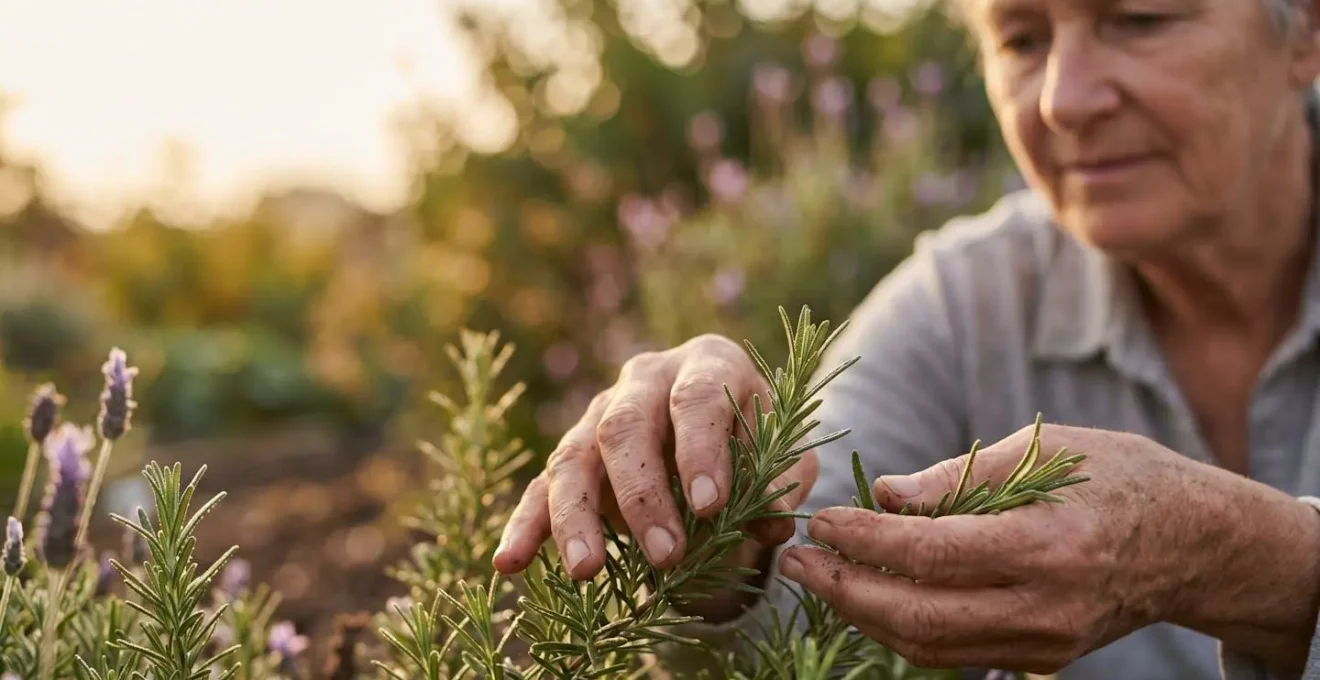 Human hands gently tending to aromatic herbs in early morning golden light, capturing the stress-relieving ritual of garden care