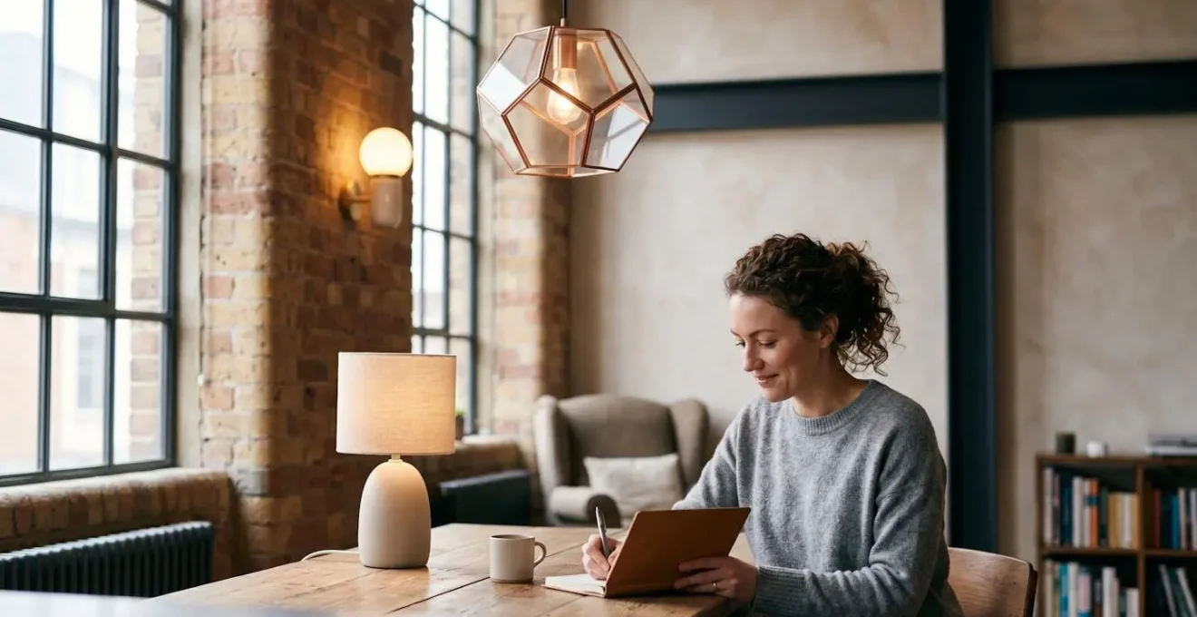 Contemporary multi-purpose room showing vertical lighting zones from ceiling pendant to mid-level sconces to low table lamps