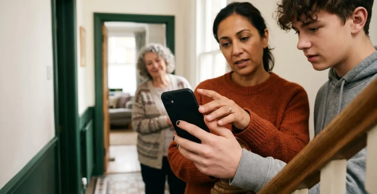Multi-generational British family members with differentiated access levels to home security