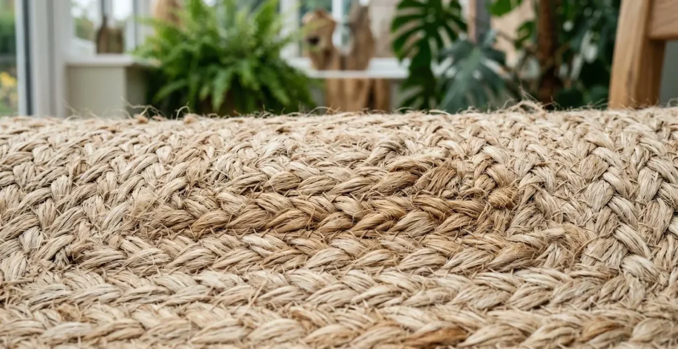 Close-up detail of natural jute rug fibers showing hygroscopic texture and weave pattern in soft ambient lighting