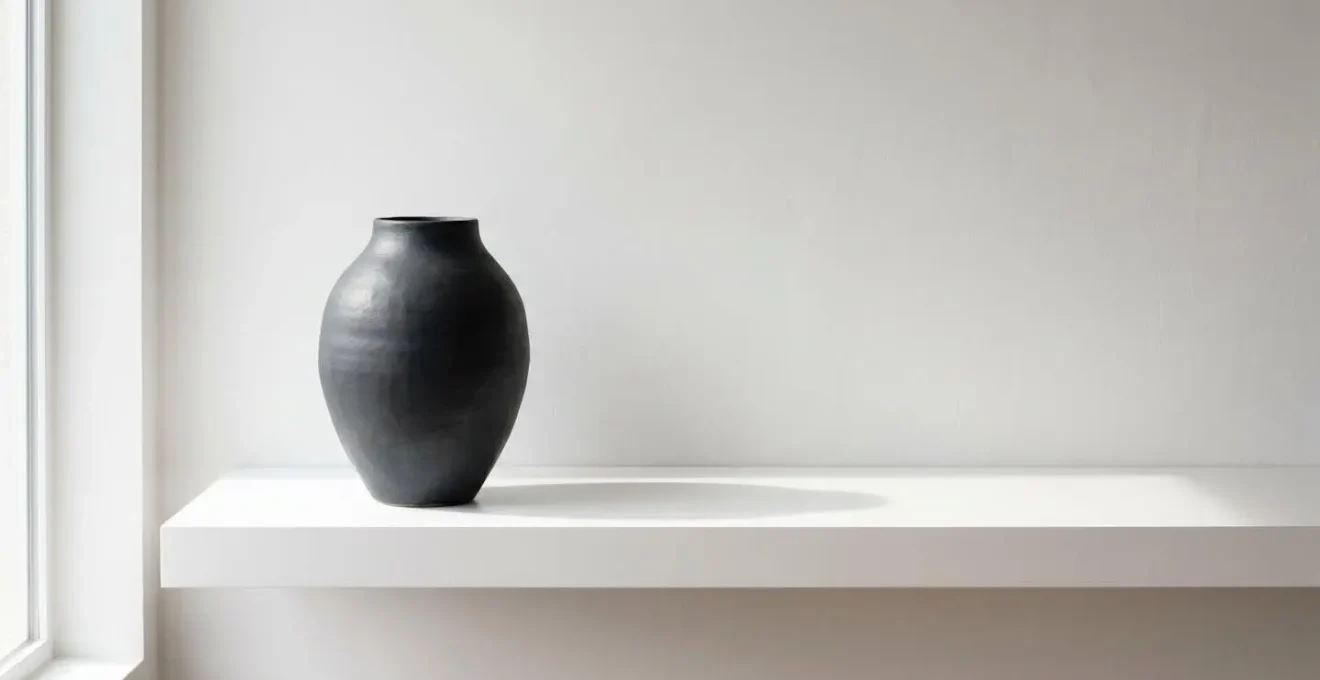 Single statement ceramic vase on minimalist shelf with generous empty space surrounding it