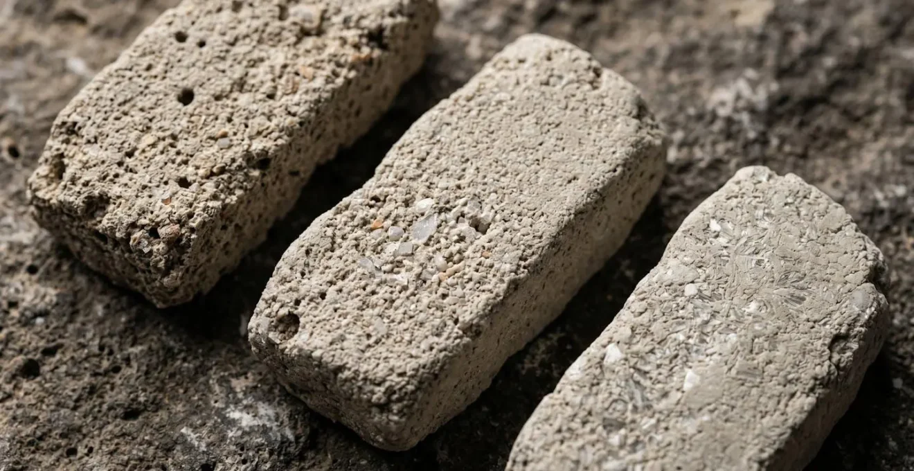 Three different hydraulic lime mortar textures showing varying porosity and strength characteristics