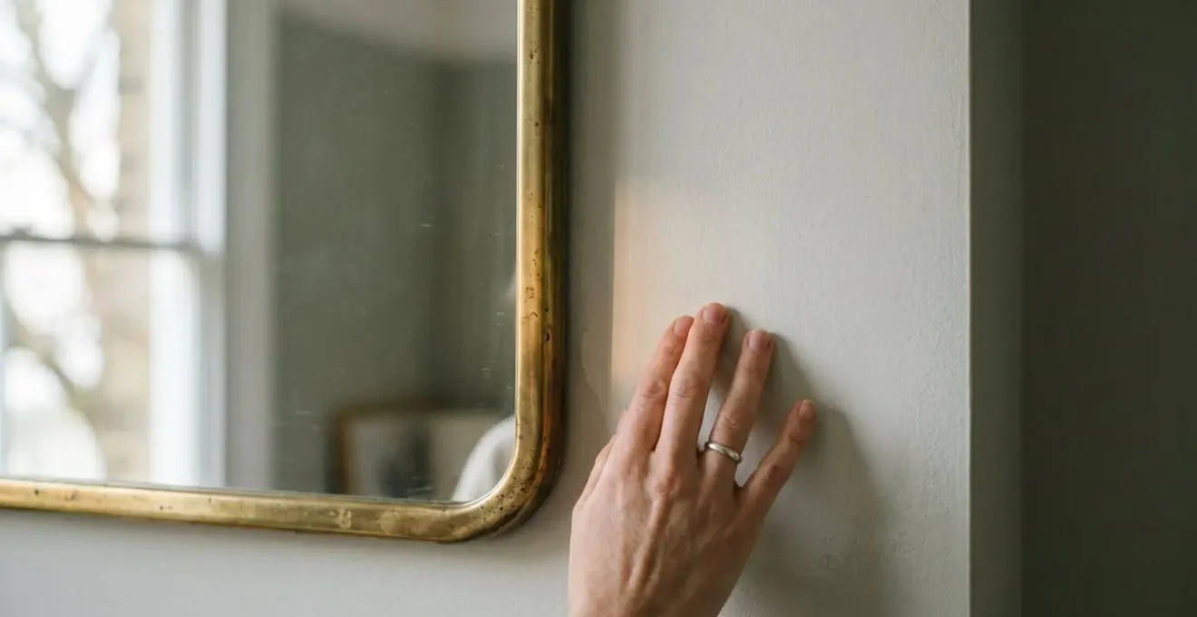 Close-up of a brass-framed mirror on a wall painted in complex white with subtle grey-green undertones, showing the warm brass reflection creating balanced neutral light in north-facing UK room