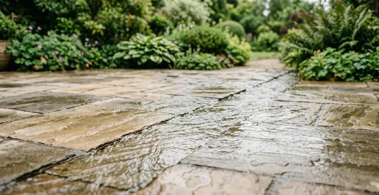 Water flowing across stone paver surface showing drainage direction with natural garden background