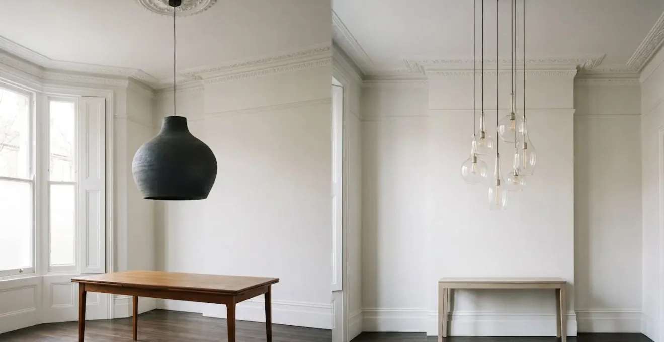 Interior design comparison showing single pendant versus multi-drop cluster lighting in a high-ceiling Victorian room