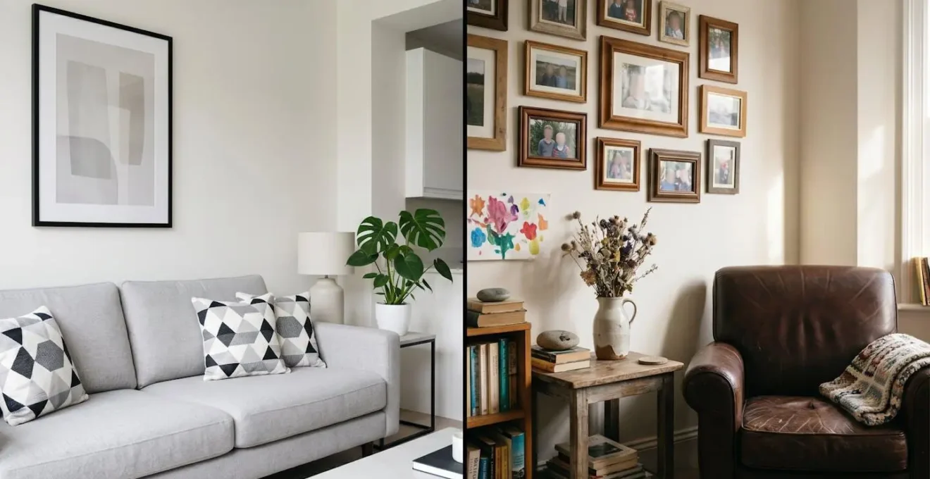 A split image showing a cold, Pinterest-perfect room on the left and a warm, personal, lived-in space on the right.