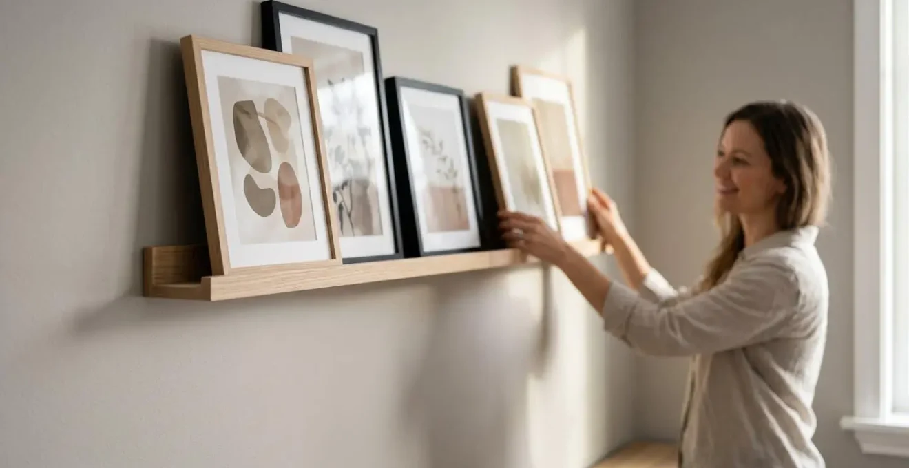 Minimalist picture ledge mounted on wall displaying interchangeable art prints with additional frames leaning casually for easy seasonal rotation