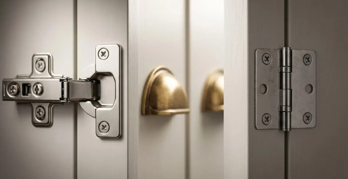 Close-up of high-quality soft-close hinge mechanism and brass handle on custom wardrobe door