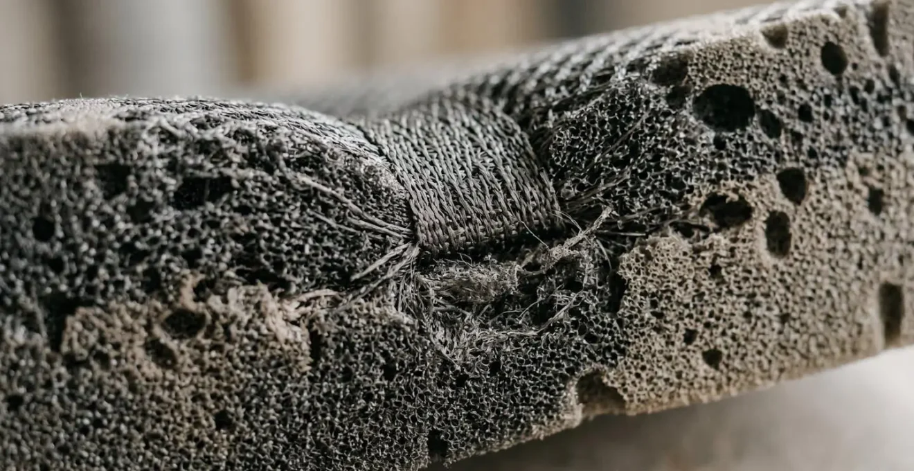 Extreme close-up showing the tactile texture and material science of an ergonomic seat cushion surface designed for pressure distribution