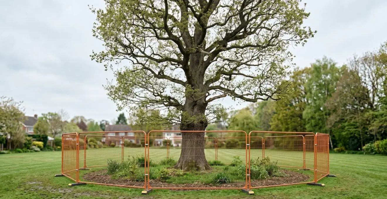 Environmental wide shot of a large mature tree with protective construction fencing around its root zone, viewed from low angle against open sky, symbolizing preservation of borrowed landscape during building work