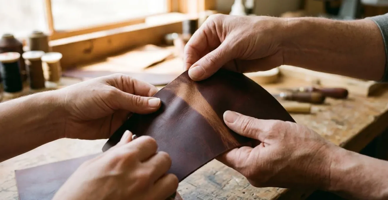 Human hands performing pull-up test on oil-tanned leather showing color lightening effect