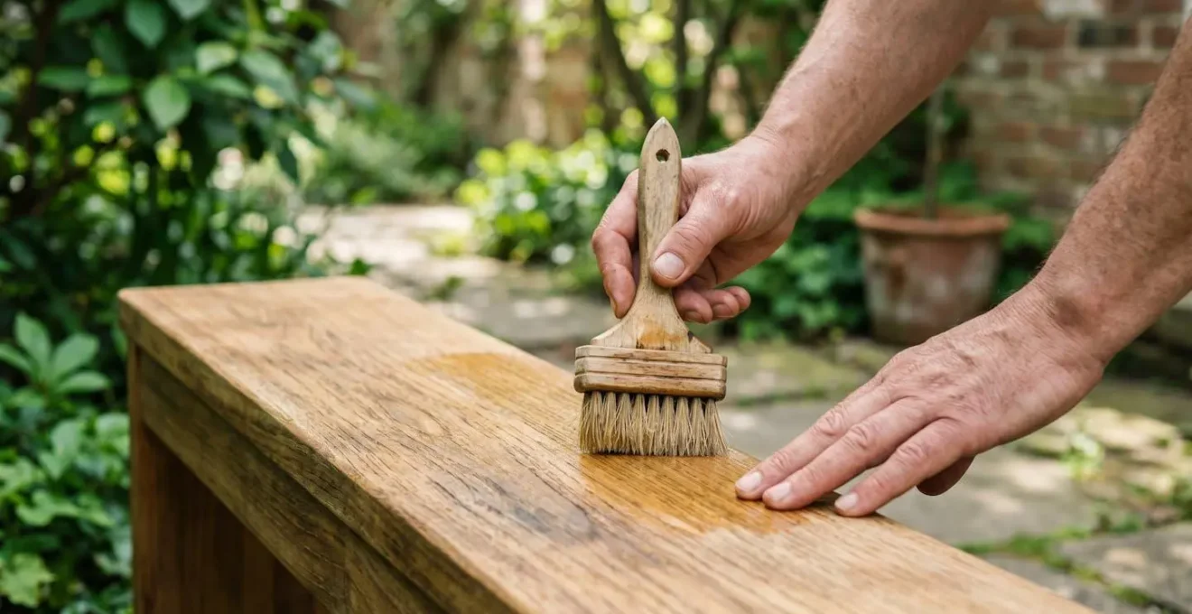 Hands applying pure natural oil to teak furniture outdoors with natural bristle brush showing safe maintenance technique