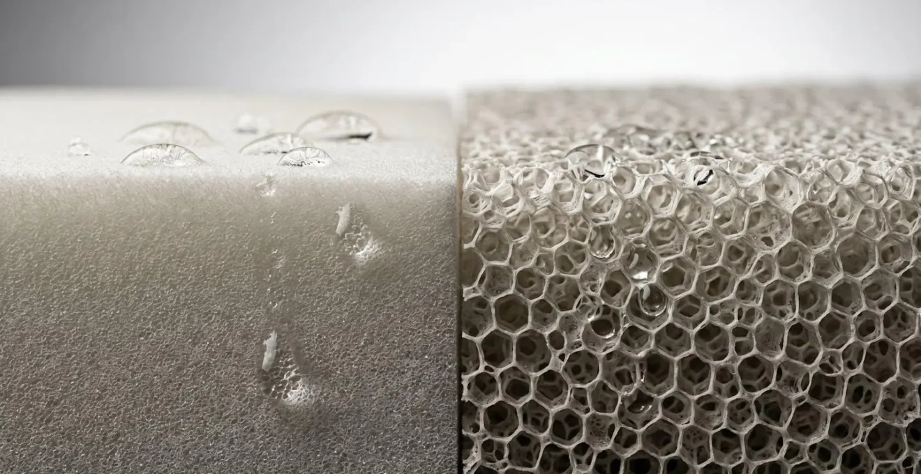 Extreme close-up of open-cell reticulated foam structure showing water-permeable texture compared to closed-cell foam