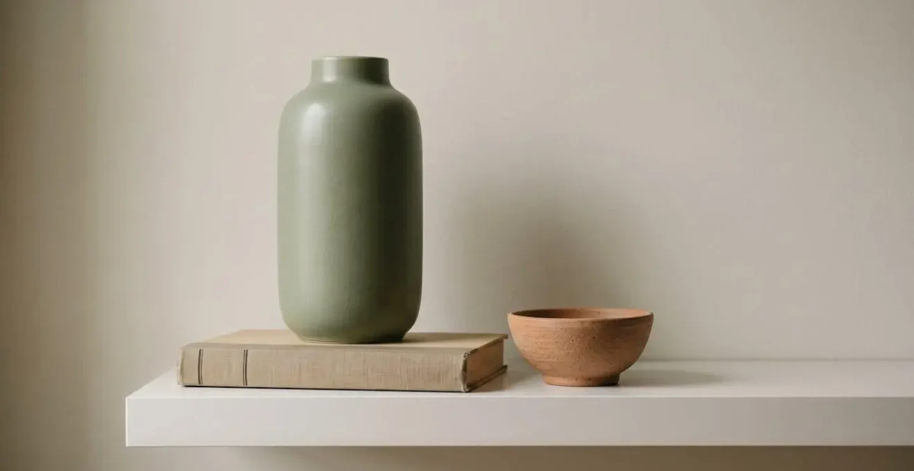Three ceramic objects arranged in triangular composition demonstrating the lead and support principle in shelf styling