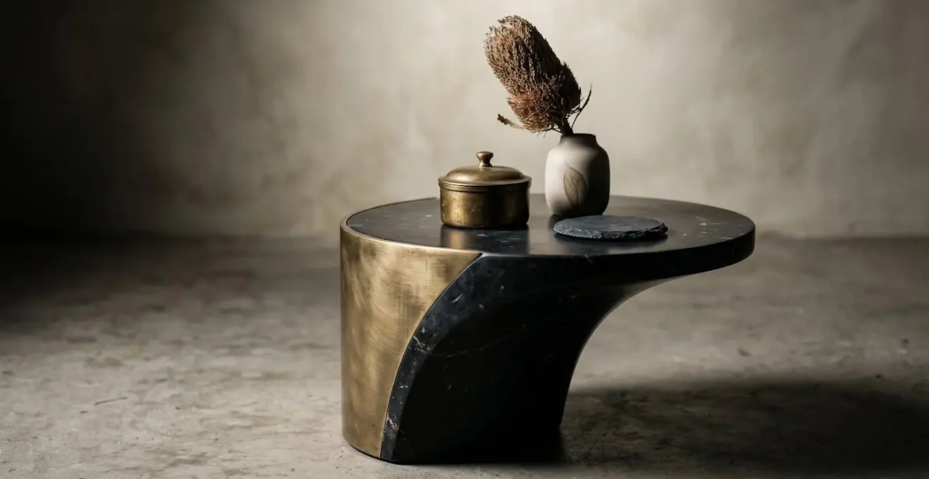 Close-up of a sculptural side table illuminated by focused art lighting casting dramatic shadows with curated vignette of contrasting objects