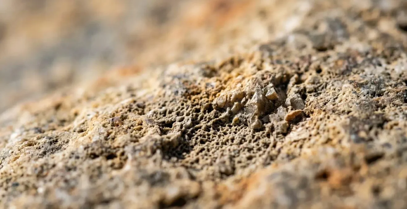 Extreme close-up of natural stone paver surface texture showing porous structure and mineral variations with dramatic lighting