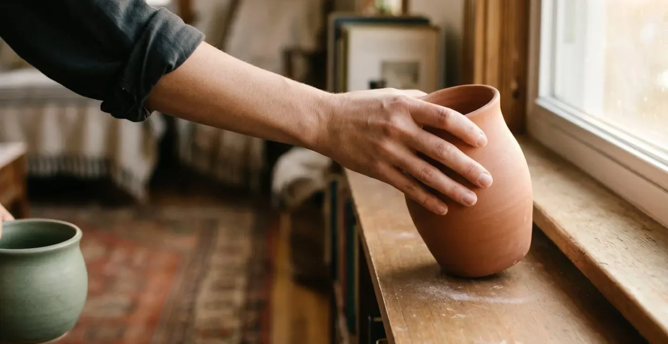 Hand reaching to swap decorative ceramic vase on shelf demonstrating the art of re-contextualization