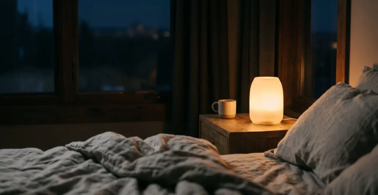 Warm sunrise simulation light gradually illuminating bedroom in early winter morning