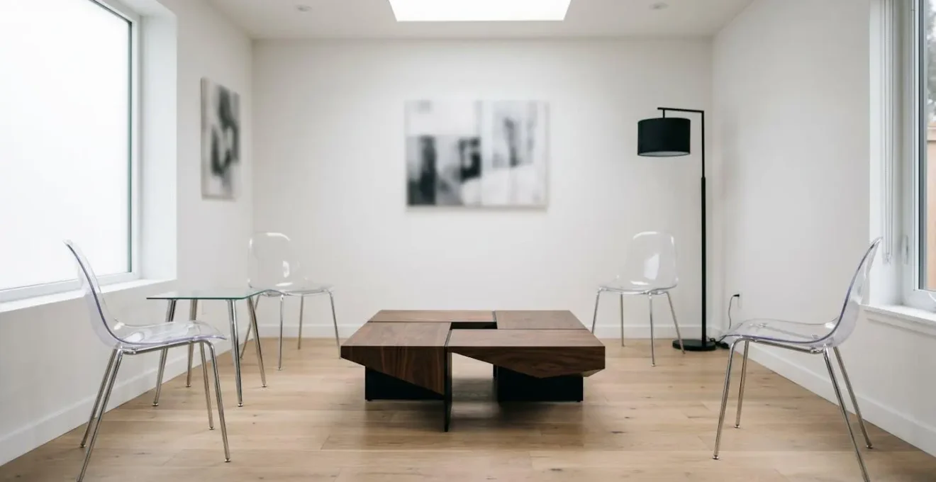 Compact living room showing a sculptural coffee table balanced with leggy transparent seating, demonstrating visual weight distribution in limited square footage