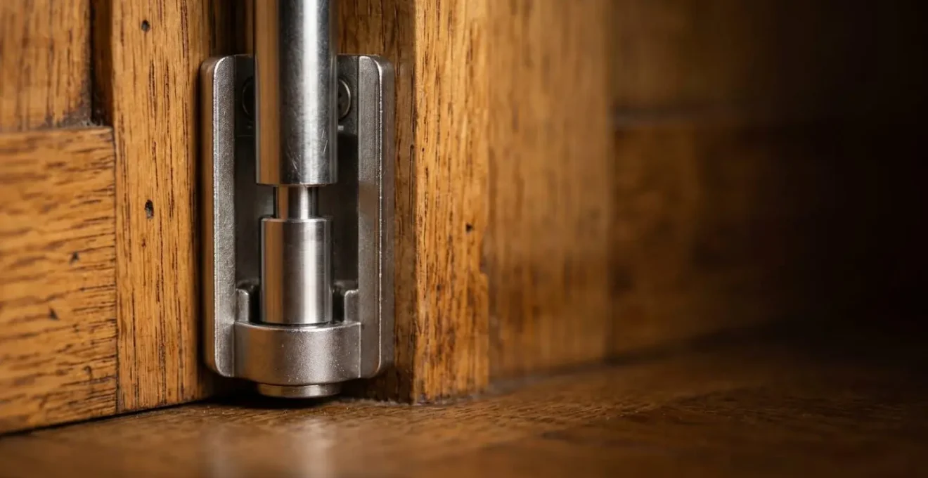 Universal soft close damper adapter installed inside antique cabinet preserving original hinges