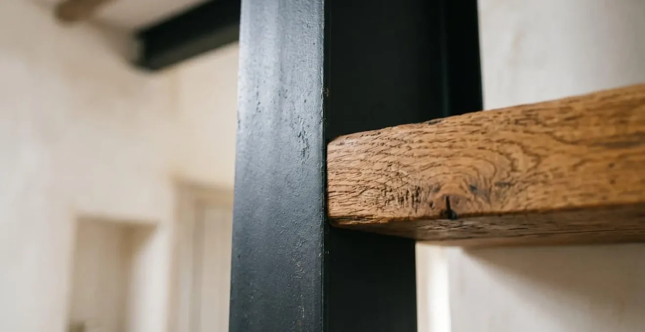 Close-up architectural detail of an exposed steel RSJ beam junction showing industrial texture and structural connection in residential renovation