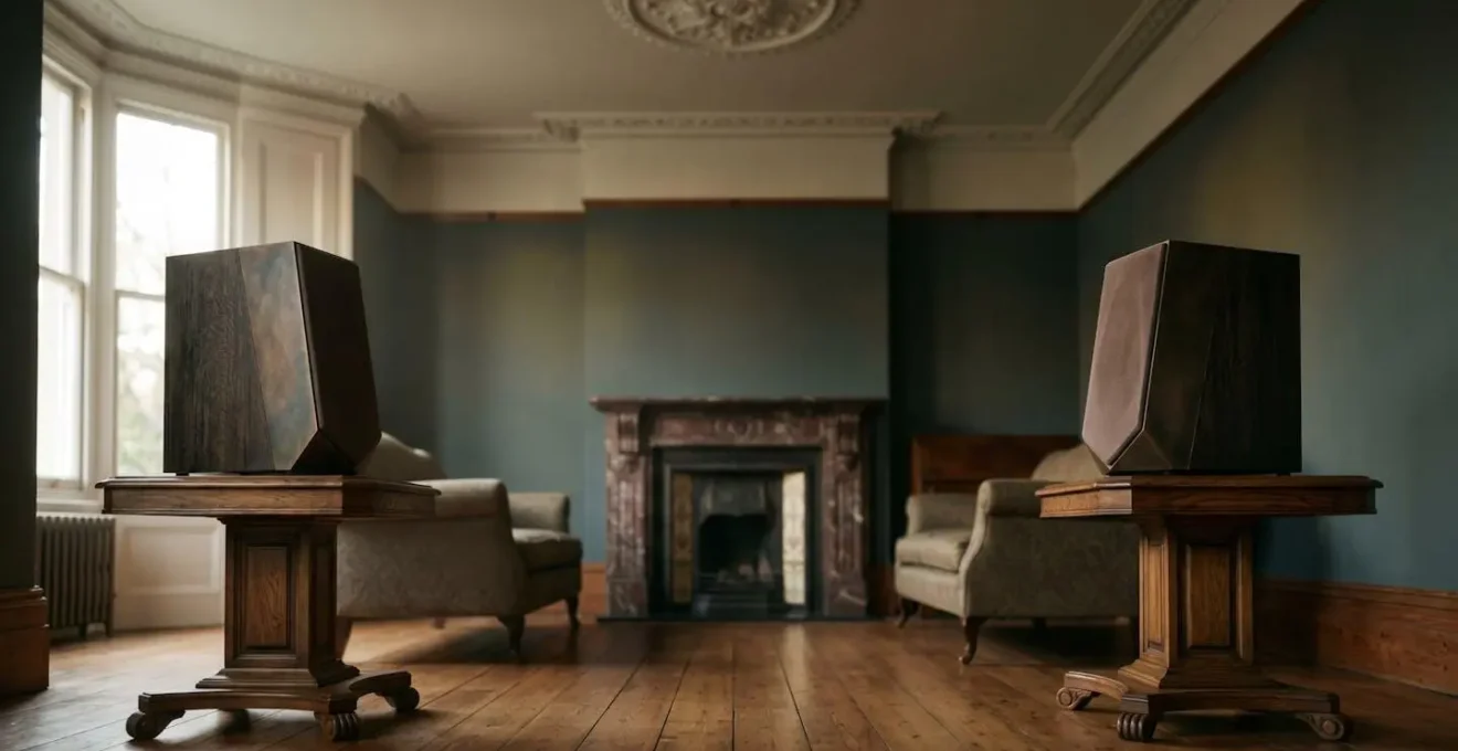 Acoustic comparison showing how stereo speakers create wider soundstage in a traditional UK living room