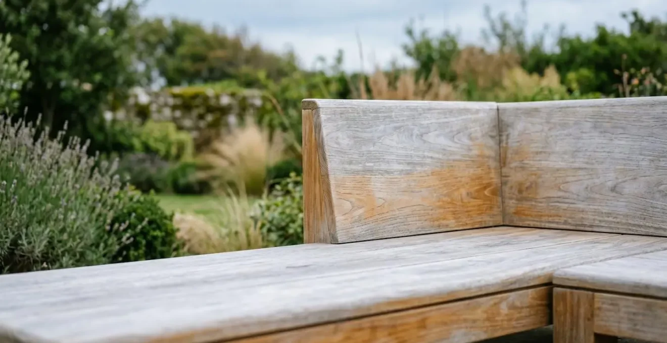 Natural silvery-grey patina on weathered teak outdoor furniture showing elegant aging and protective surface layer
